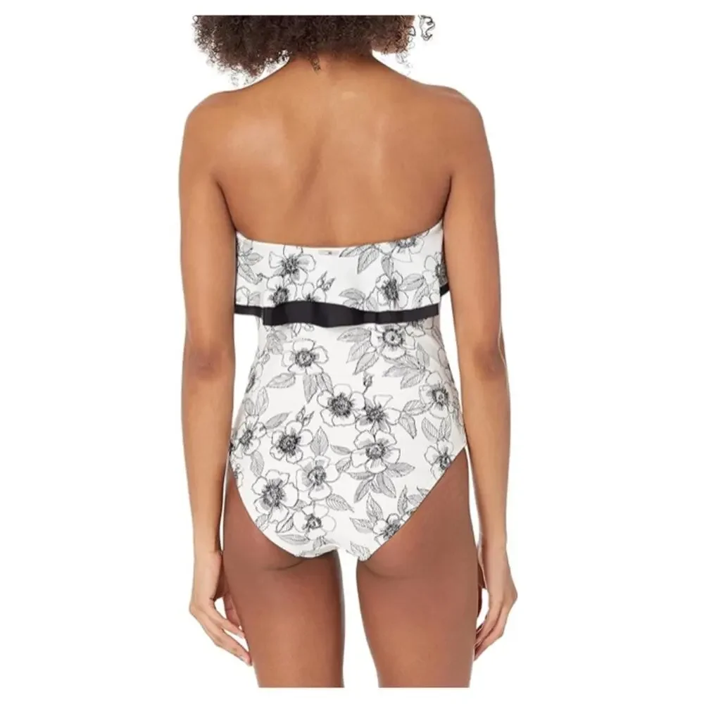 TOMMY HILFIGER Blossom White Black Ruffle Neckline One Piece Swimsuit Size 4